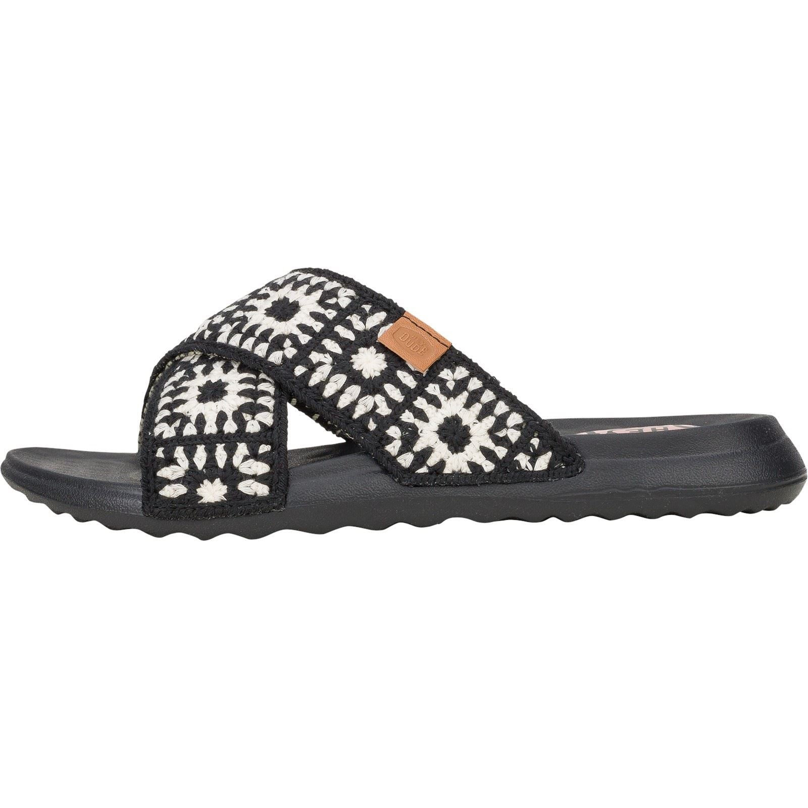 HEYDUDE Christi Slide Cottage Crochet Baumwoll-Damensandalen In Schwarz/Weiß