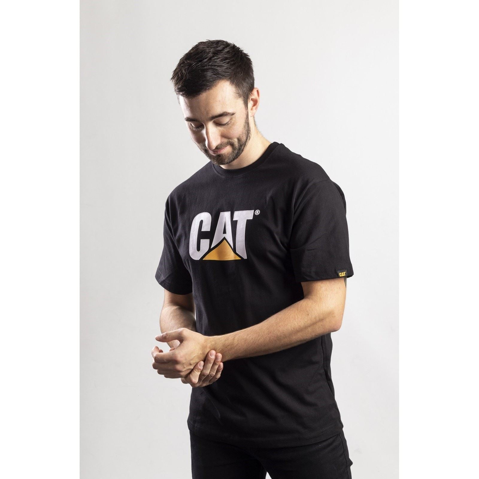 Caterpillar Trademark Logo Baumwoll Männer Schwarze Farbe Kurzarm-T-Shirts