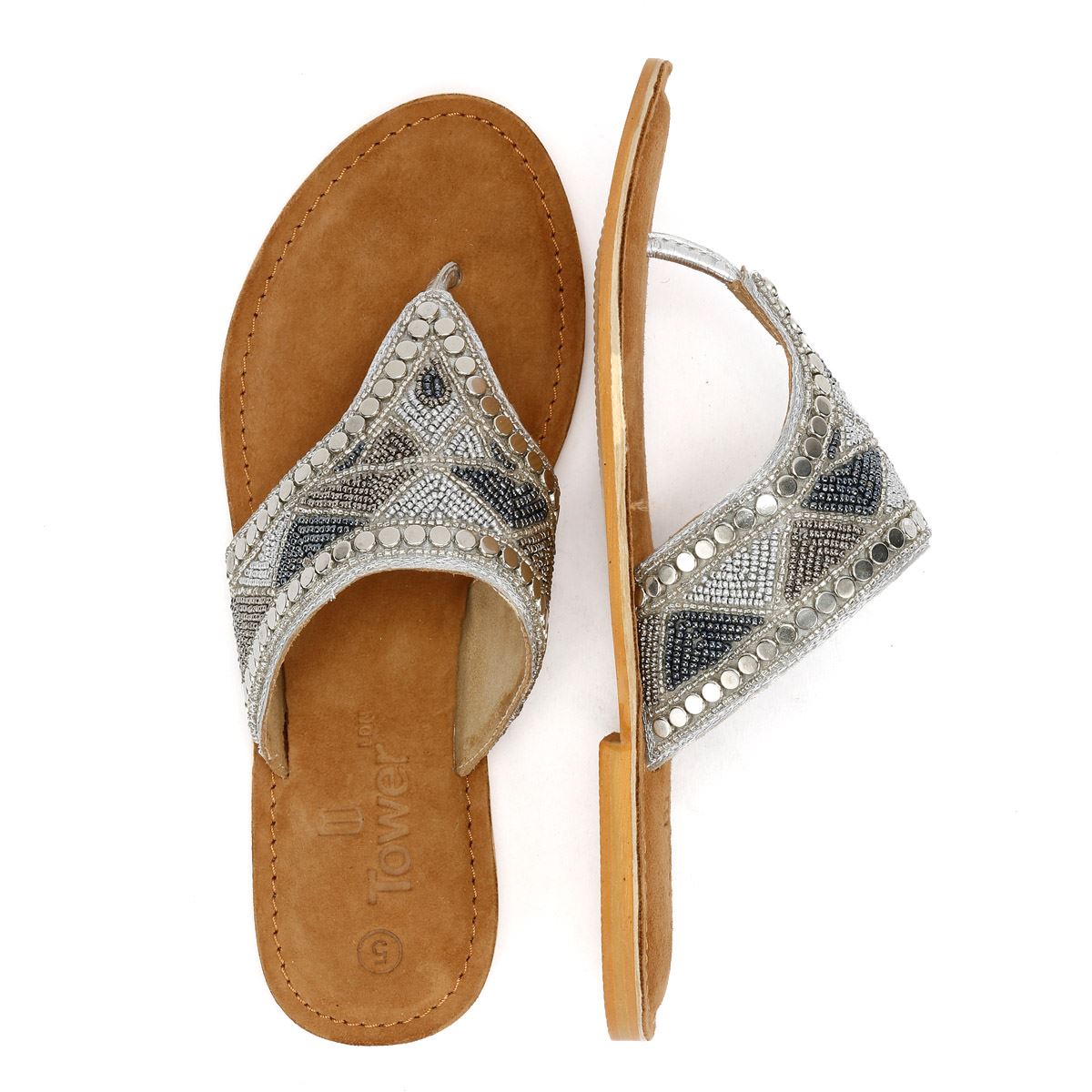 Tower London Wide Vamp Toepost Damen Silber Sandalen