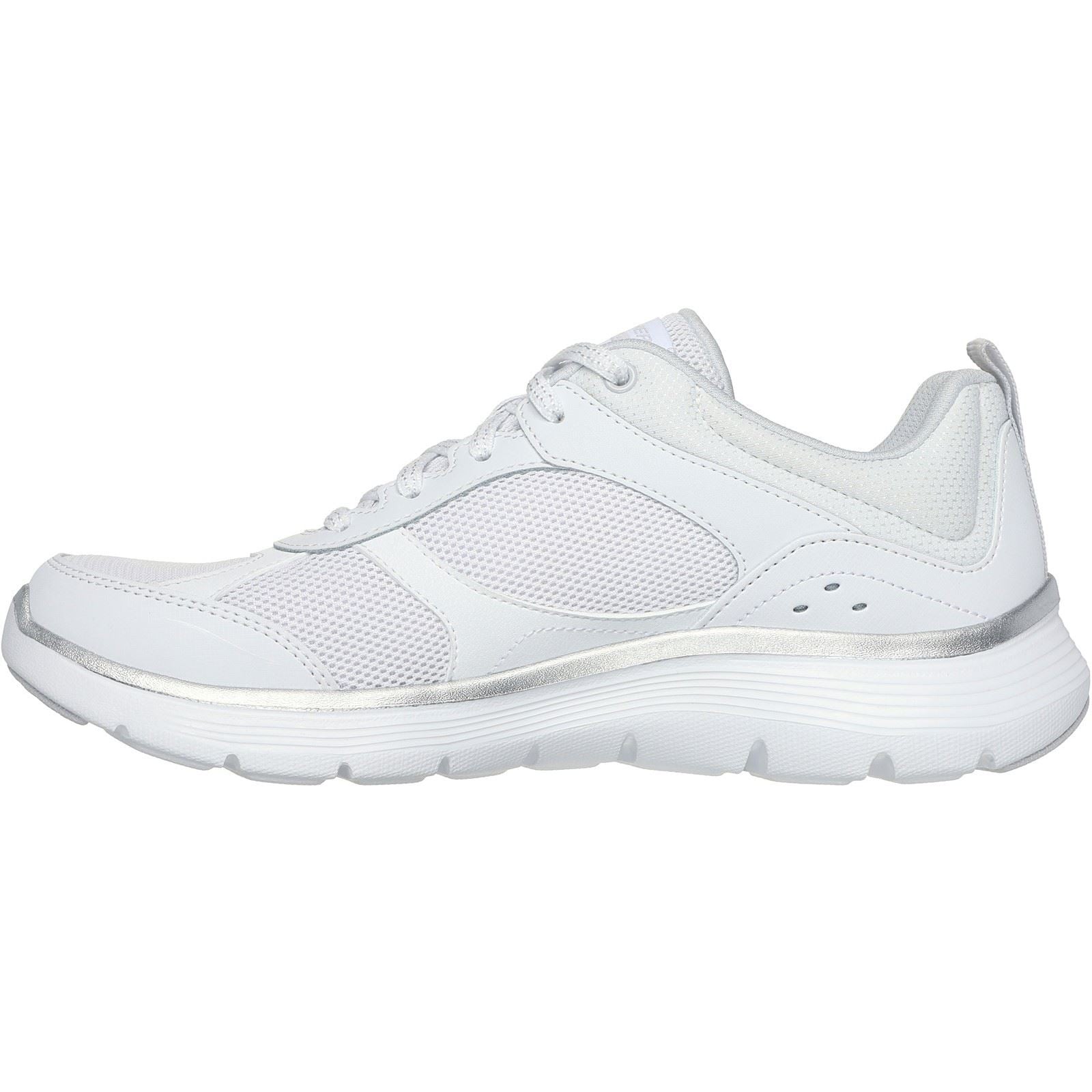Skechers Flex Appeal 5.0 Fresh Touch Leder Damen Sneaker In Weiß/Silber