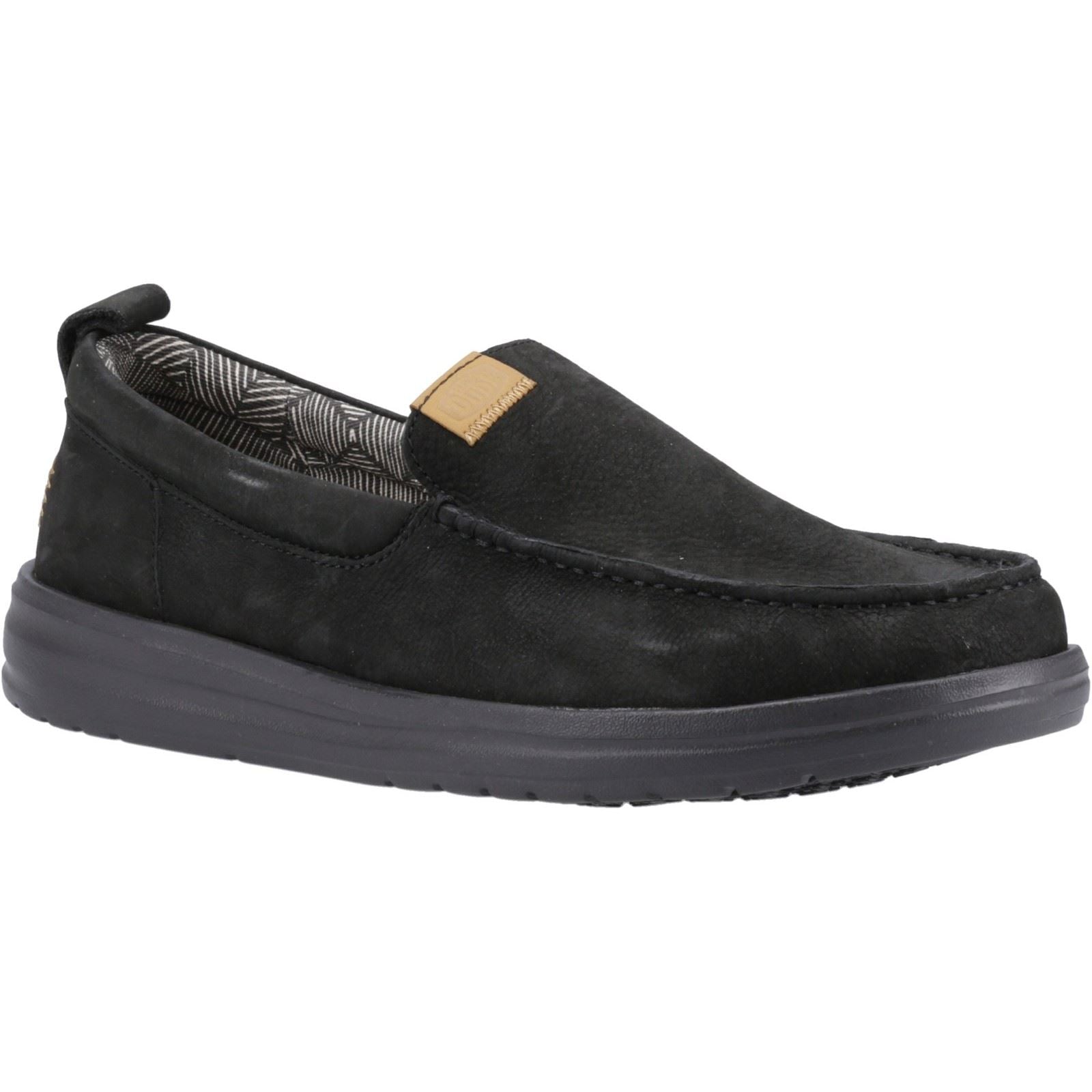 HEYDUDE Wally Grip Moc Leder Herren Schwarze Bootsschuhe