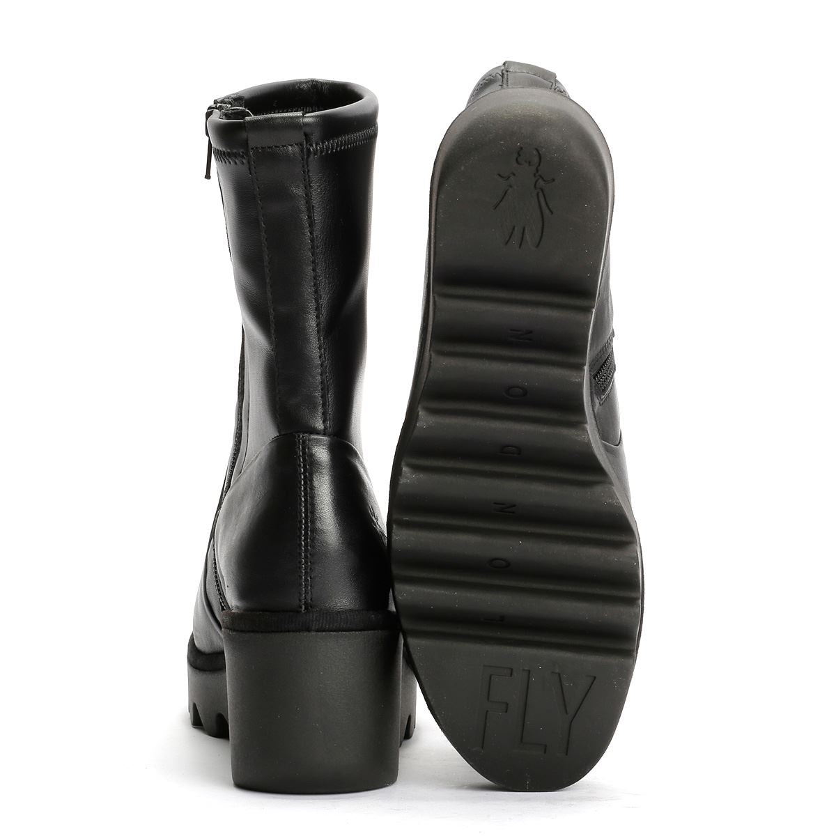 Fly London Boik Wedge Stretch Leder Damen Schwarze Stiefel