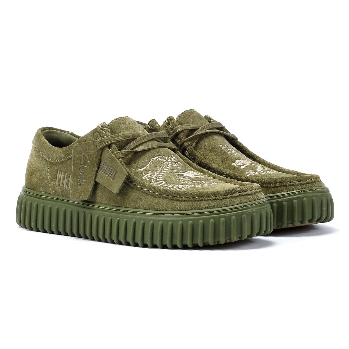 Clarks Main x Pleasures DRGN Lo Grüne Wildlederschuhe Mit Schnürsenkeln