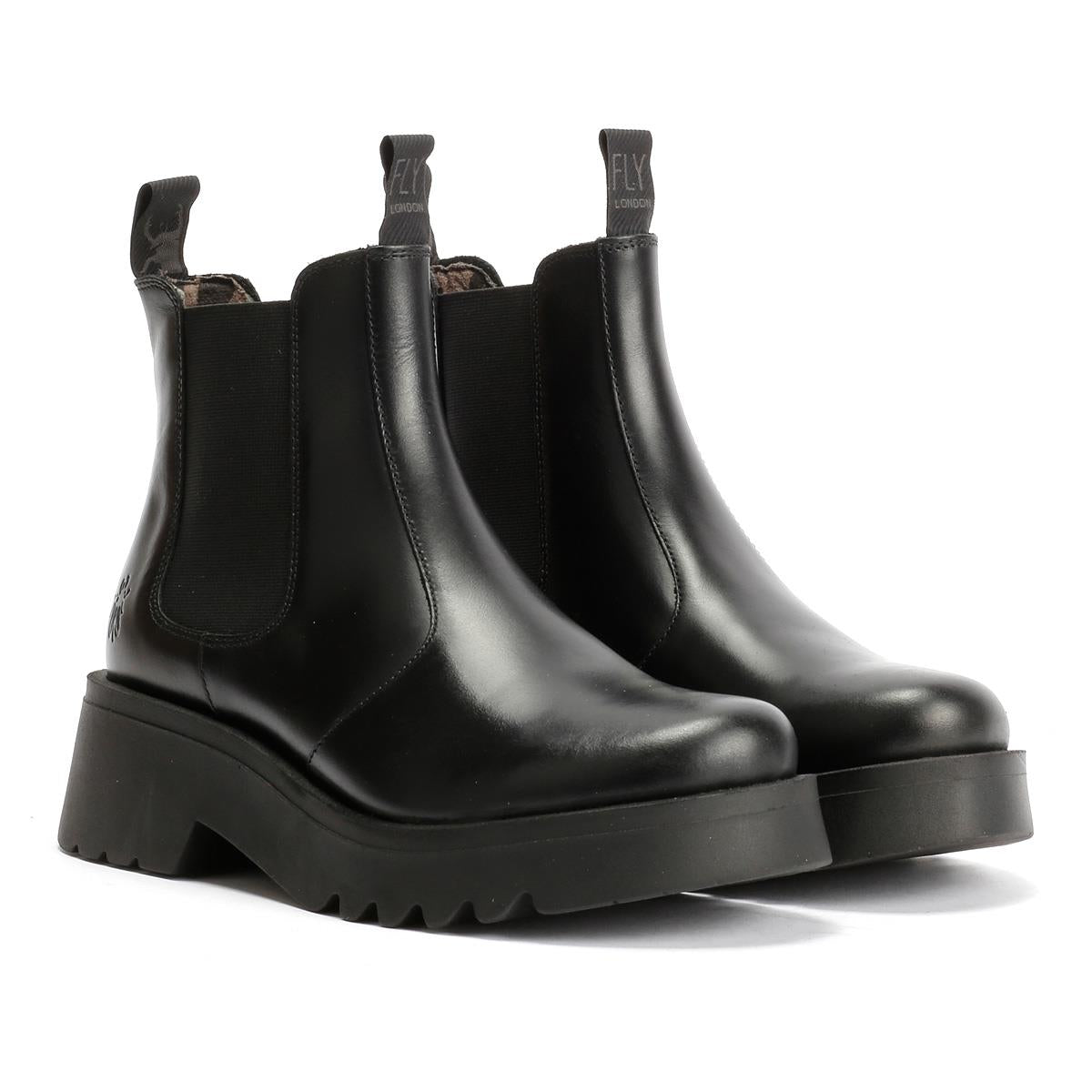 Fly London Medi Leder Damen Schwarze Stiefel