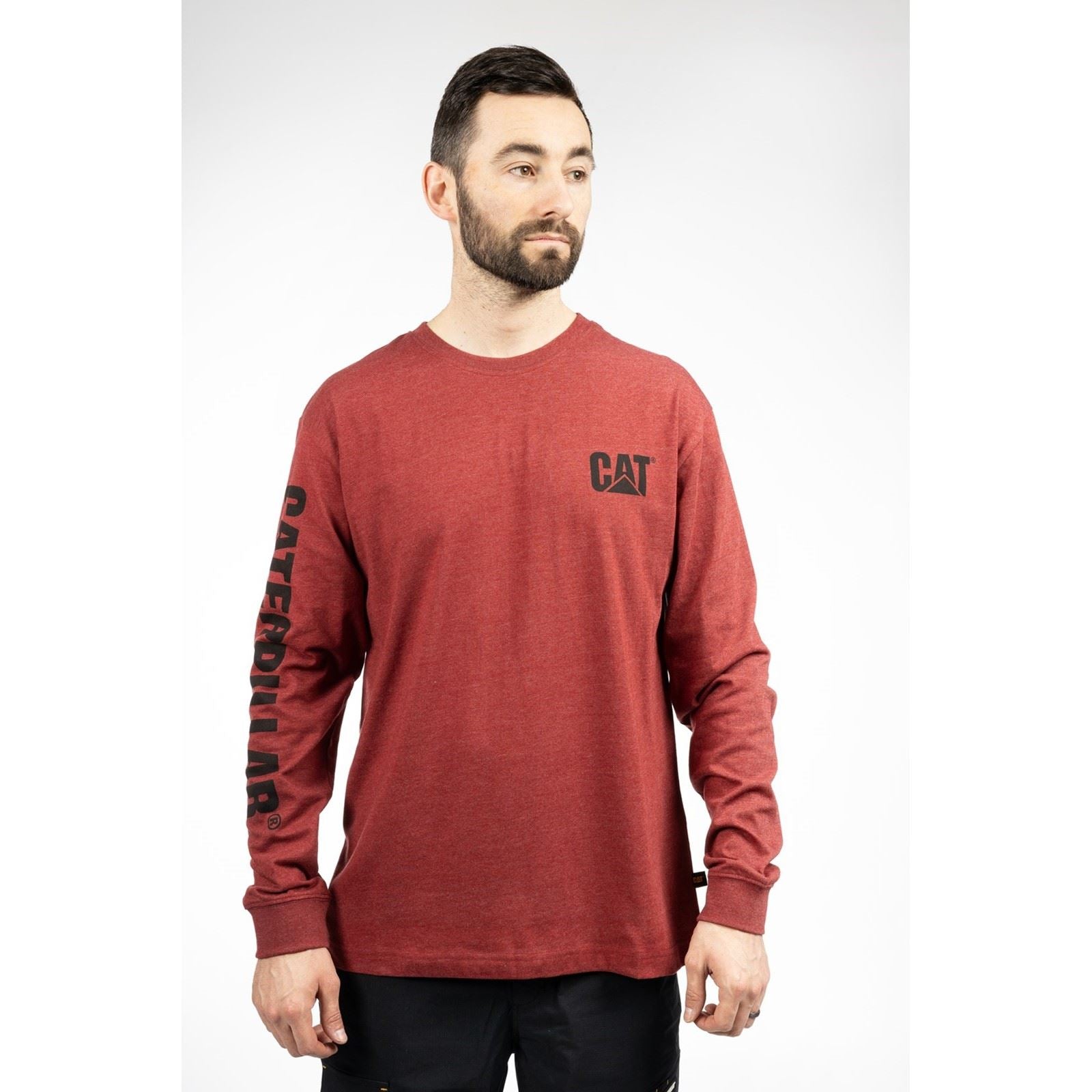 Caterpillar Trademark Banner Long Sleeve Baumwolle Herren Rotes T-Shirt