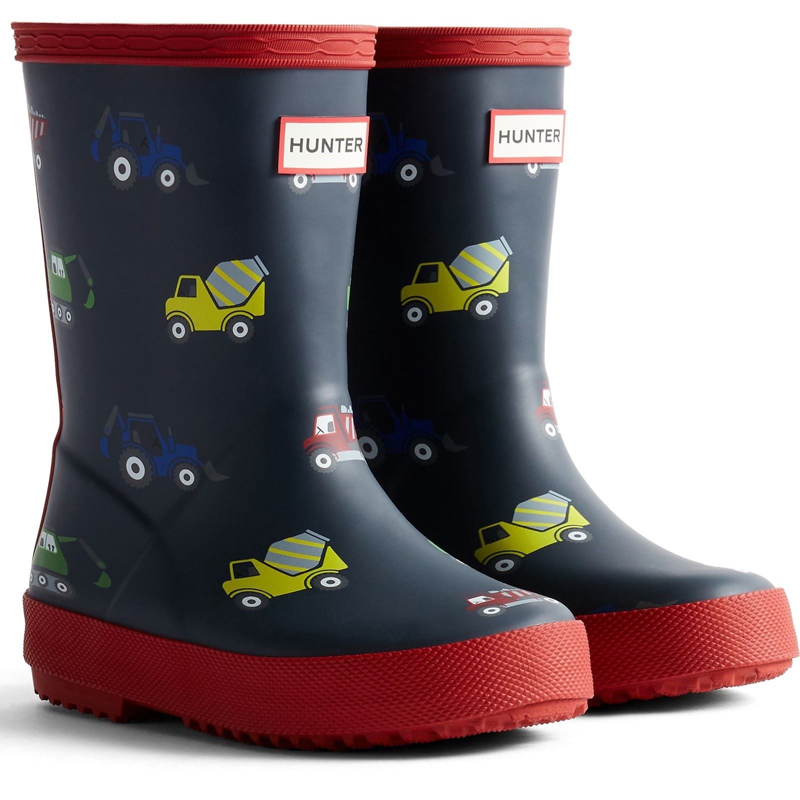 Hunter Kids First Construction Print Boot Gummi Jungen Marine/Militärrot Gummistiefel