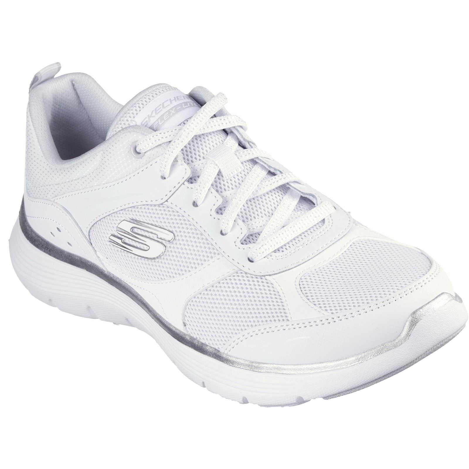 Skechers Flex Appeal 5.0 Fresh Touch Leder Damen Sneaker In Weiß/Silber