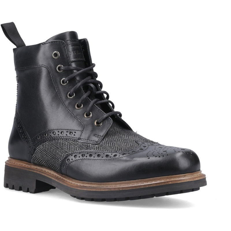 Hunter Loch Brogue Leder Herren Schwarze Knöchelstiefel