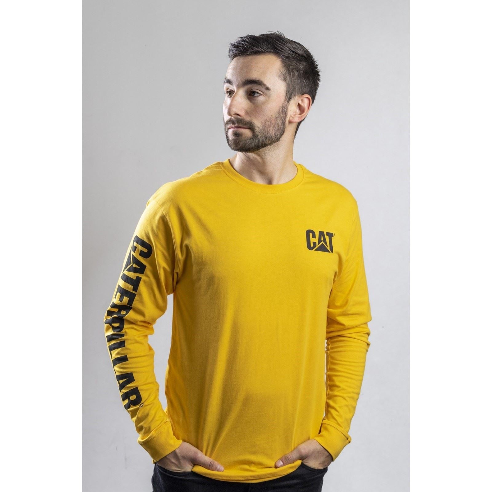 Caterpillar Trademark Banner Long Sleeve Baumwoll Herren Gelbes T-Shirt