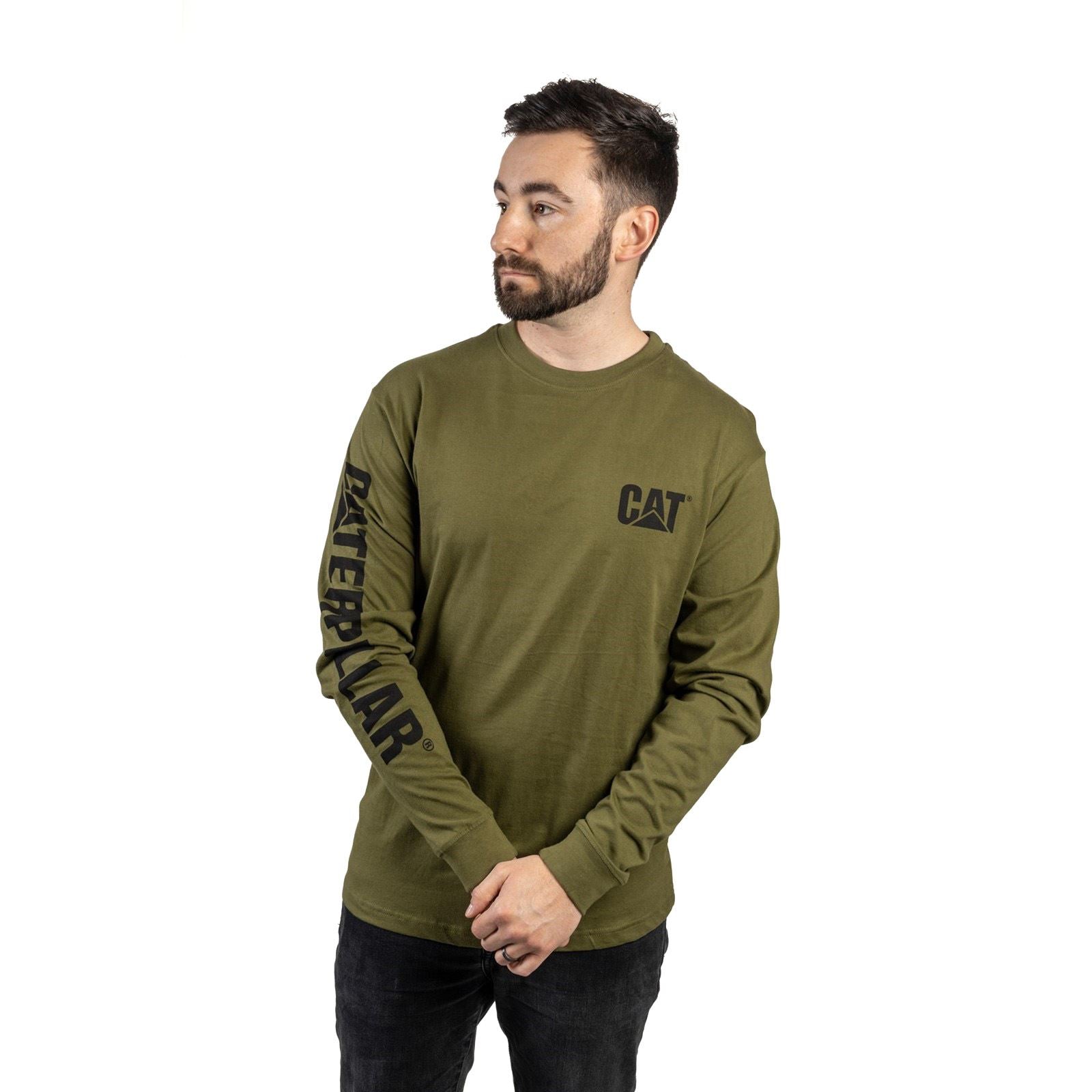 Caterpillar Trademark Banner Long Sleeve Baumwolle Herren Grünes T-Shirt