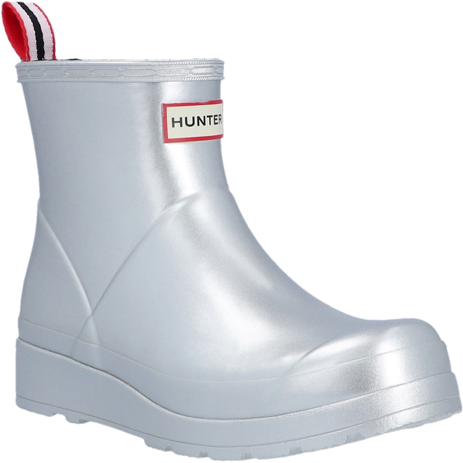 Hunter Play Short Boot Metallic Gummi Damen Silberne Gummistiefel
