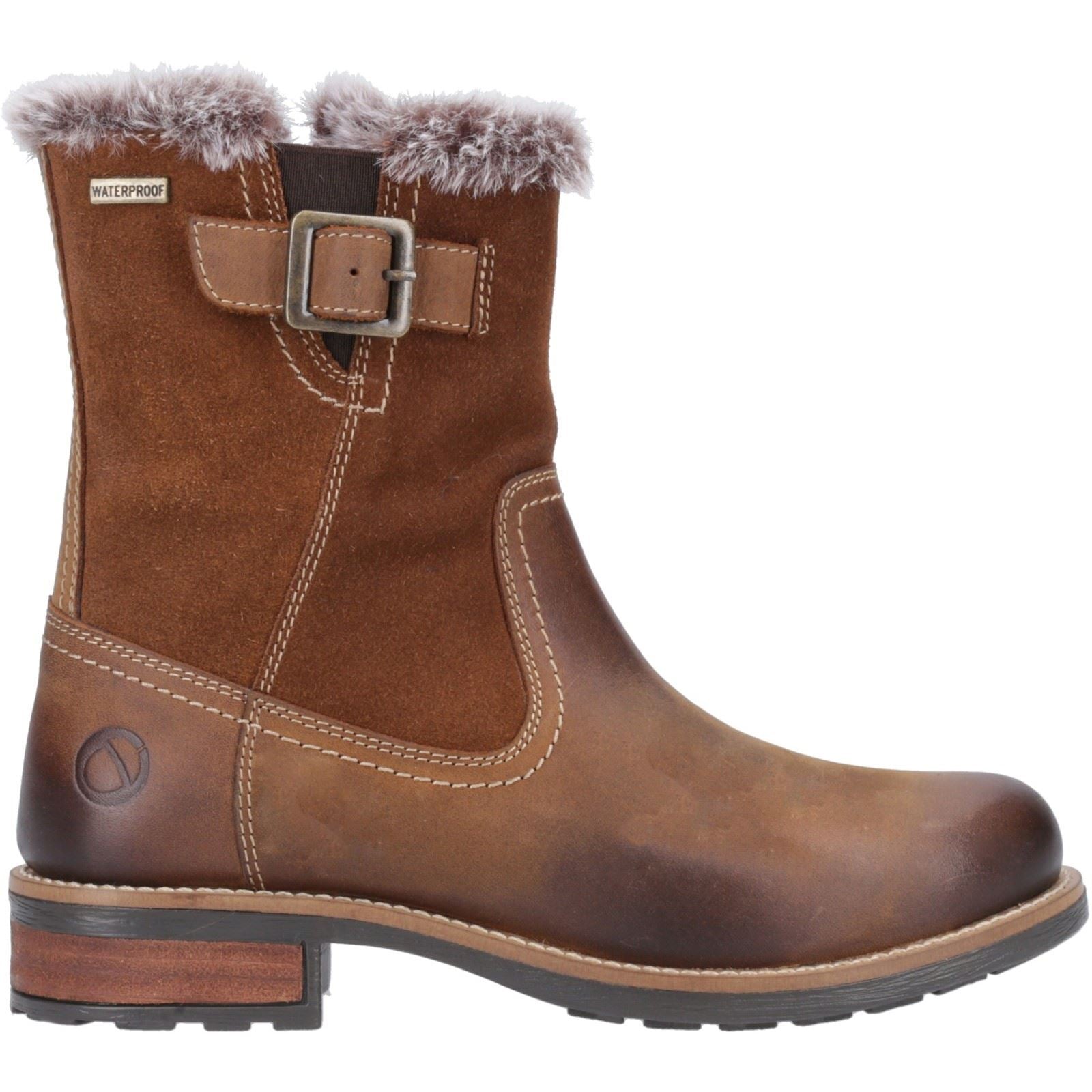 Cotswold Kemerton Damen Winterstiefel aus braunem Leder in der Mitte der Wade